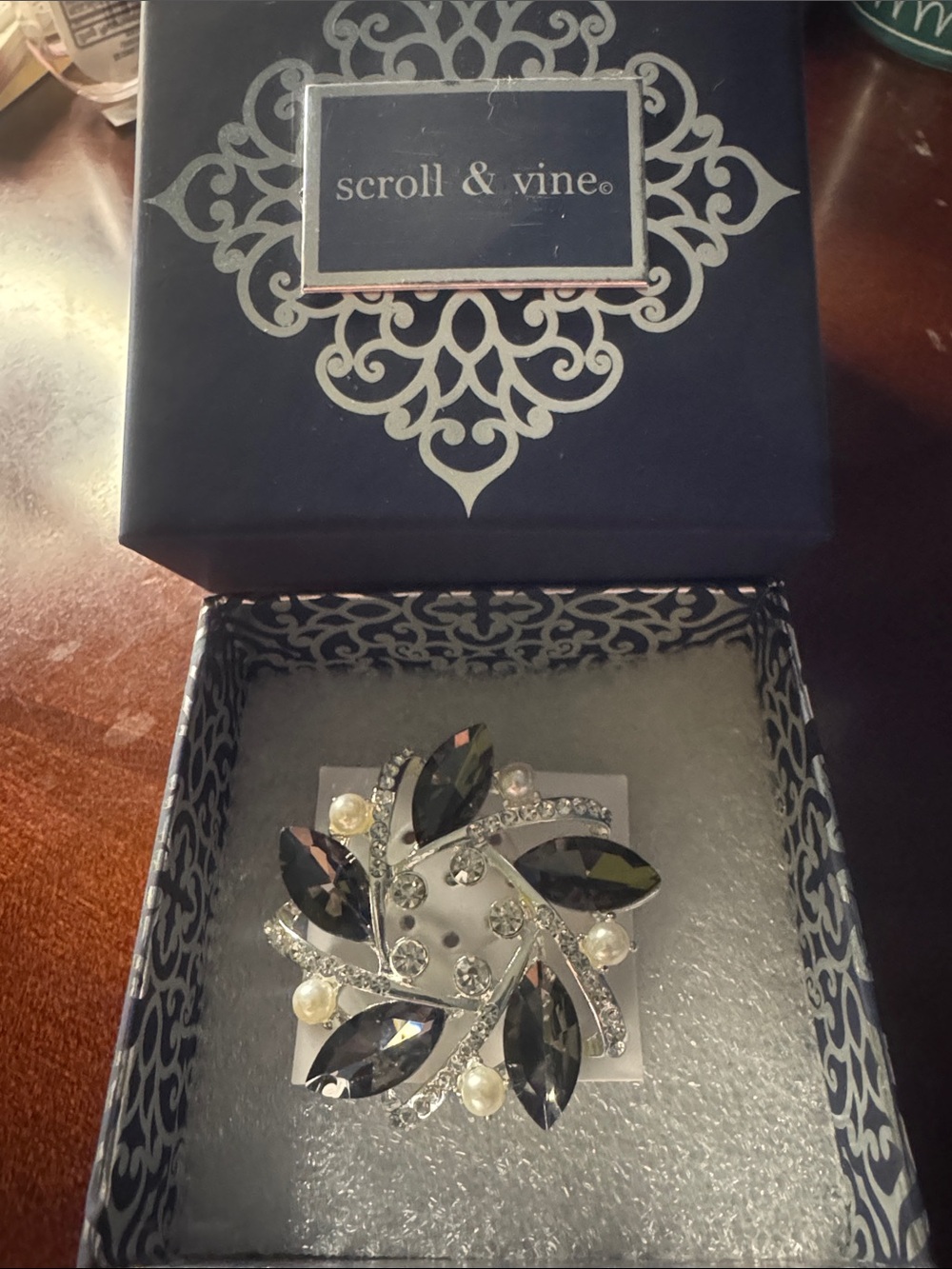 Scroll & Vine Gray Crystal and Pearl Floral Brooch